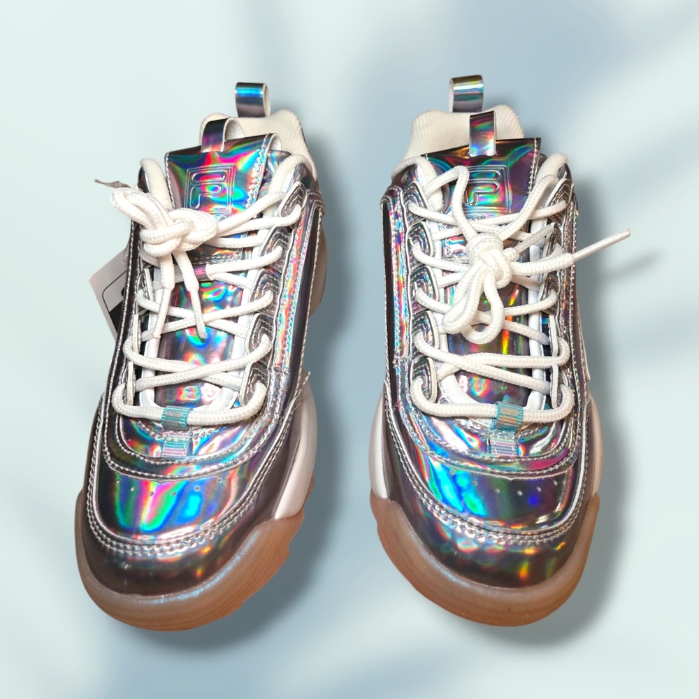 Fila Women's Holographic Iridescent Chunky Sneakers - White Laces, Gum Sole